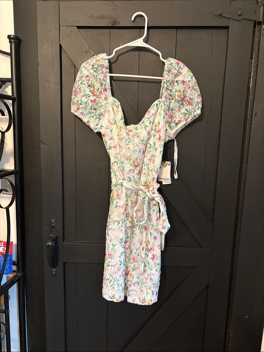 Kensie Floral Puff-Sleeve Wrap Dress in White with Pink & Green Flowers